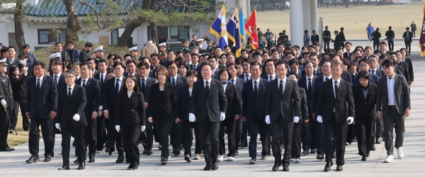 이재명 더불어민주당 대표와 윤영덕·백승아 더불어민주연합 공동대표를 비롯한 참석자들이 12일 오전 서울 동작구 국립서울현충원 현충탑 참배를 위해 들어서고 있다. /뉴스핌