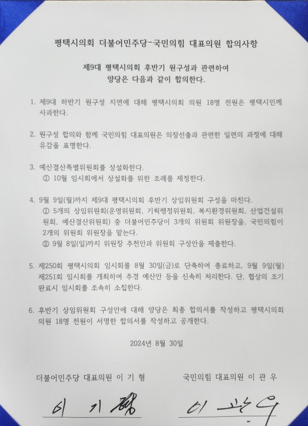 더불어민주당과 국민의힘 양당 대표의원 간의 합의서[사진=서인호 기자]